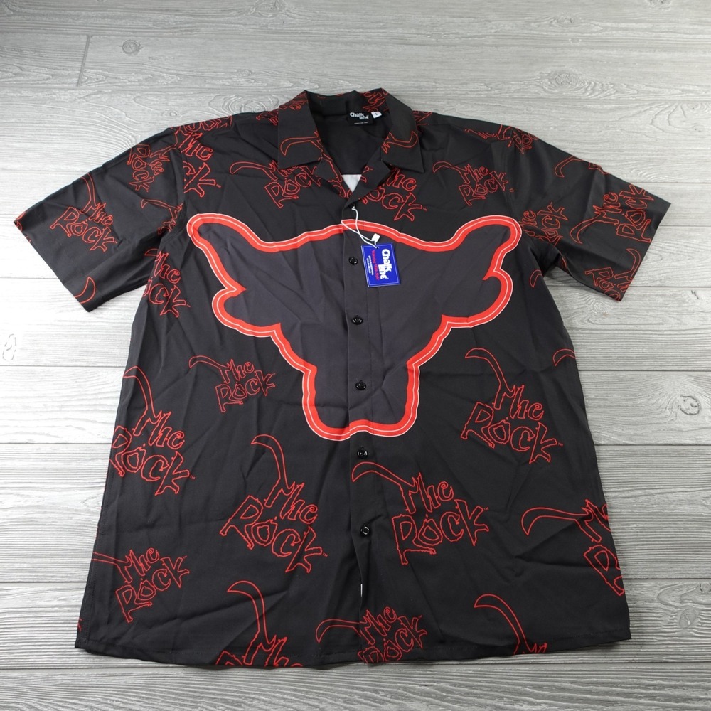 NEW Chalk Line WWE Button Up Shirt Mens Large Black The Rock Bull Printed Sports